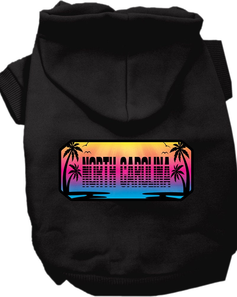 A soft and warm screen printed hoodie for medium to large pets, featuring a unique 'North Carolina Beach Shades' design.