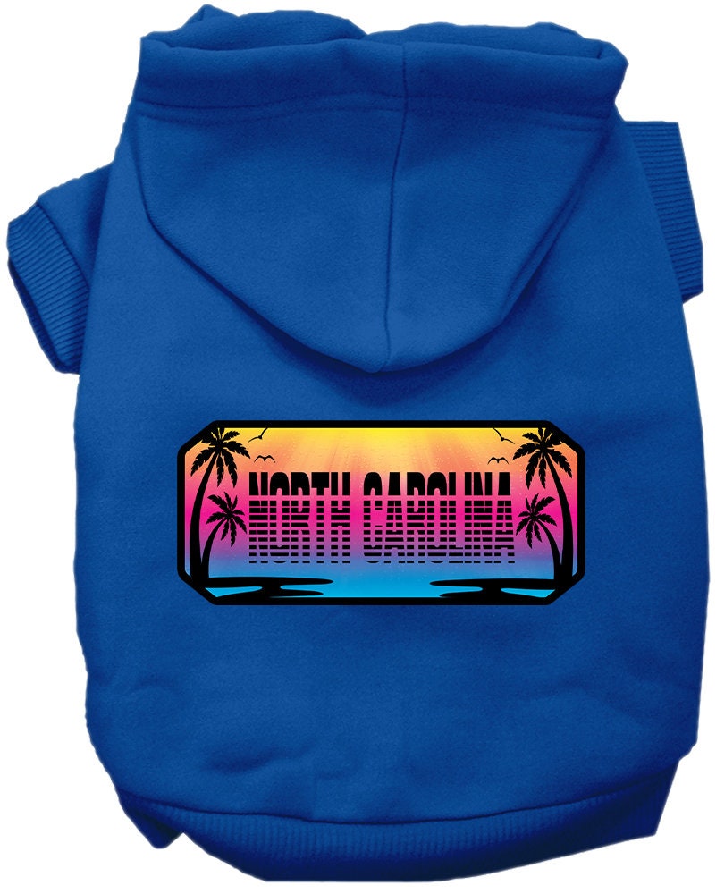 A soft and warm screen printed hoodie for medium to large pets, featuring a unique 'North Carolina Beach Shades' design.
