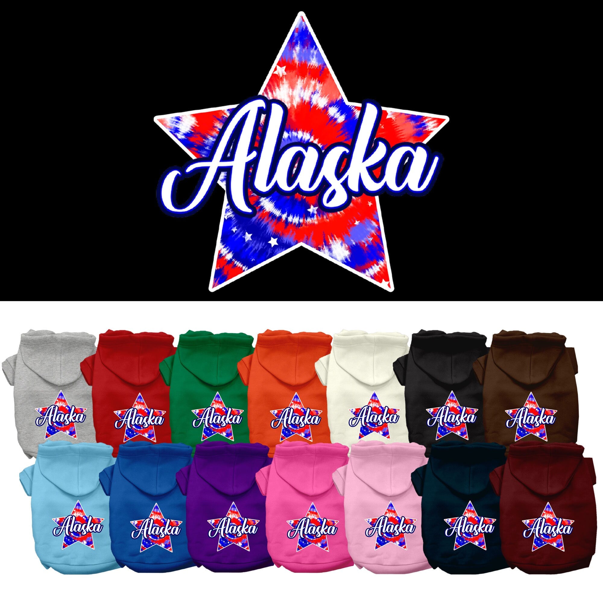 A medium to large pet wearing a stylish Alaska Patriotic Tie Dye hoodie, showcasing its vibrant colors and comfortable fit.