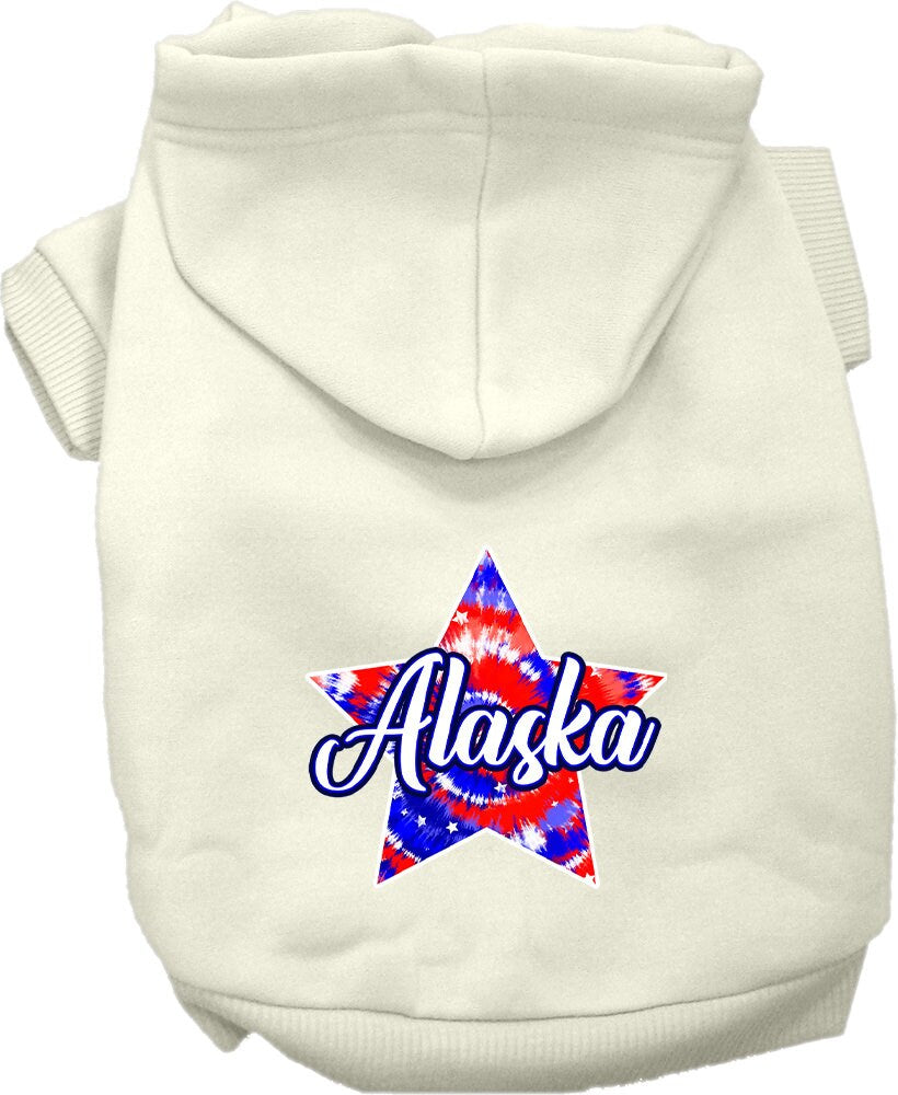 A medium to large pet wearing a stylish Alaska Patriotic Tie Dye hoodie, showcasing its vibrant colors and comfortable fit.
