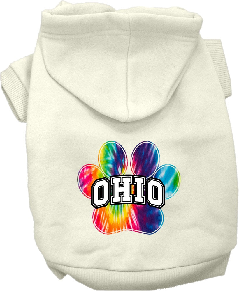 A vibrant Ohio Bright Tie Dye hoodie designed for medium to large dogs and cats, showcasing its soft fabric and convenient leash access hole.