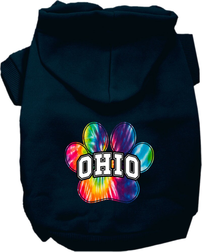 A vibrant Ohio Bright Tie Dye hoodie designed for medium to large dogs and cats, showcasing its soft fabric and convenient leash access hole.