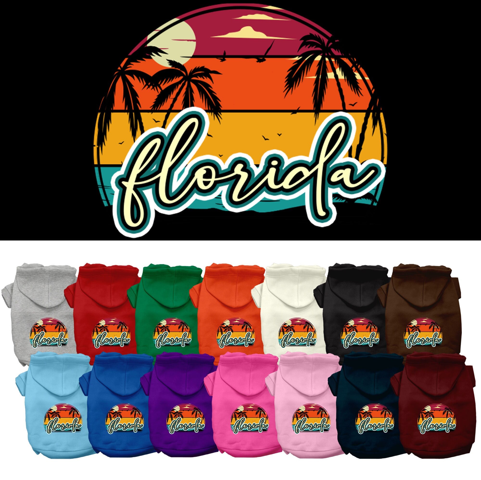 A medium to large pet wearing a soft, stylish hoodie featuring a Florida Retro Beach Sunset design, perfect for walks and lounging.