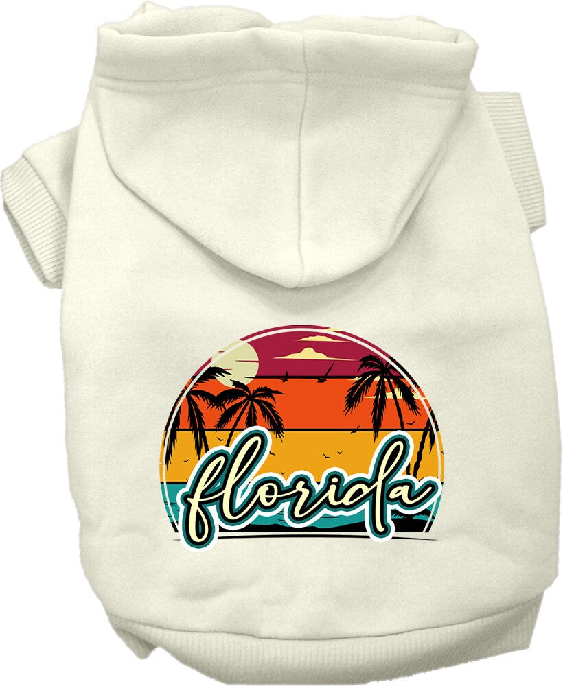 A medium to large pet wearing a soft, stylish hoodie featuring a Florida Retro Beach Sunset design, perfect for walks and lounging.