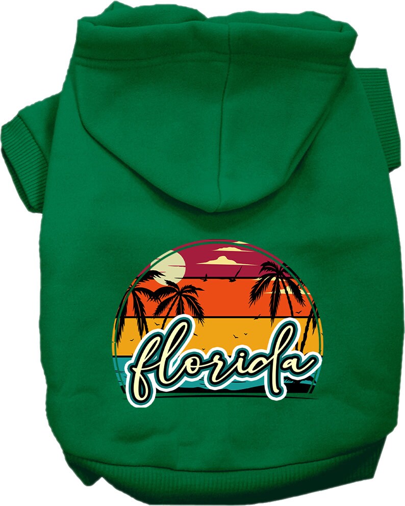 A medium to large pet wearing a soft, stylish hoodie featuring a Florida Retro Beach Sunset design, perfect for walks and lounging.
