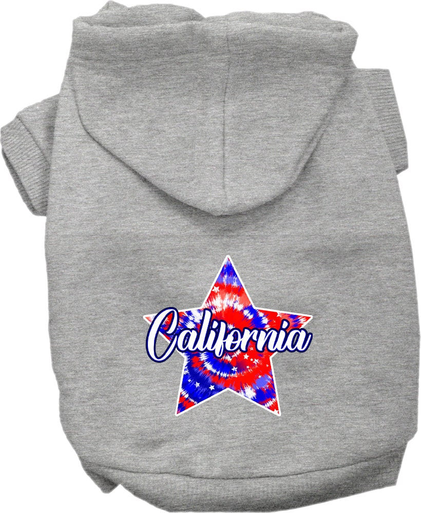 A medium to large pet wearing a California Patriotic Tie Dye hoodie, showcasing vibrant colors and a comfortable fit.