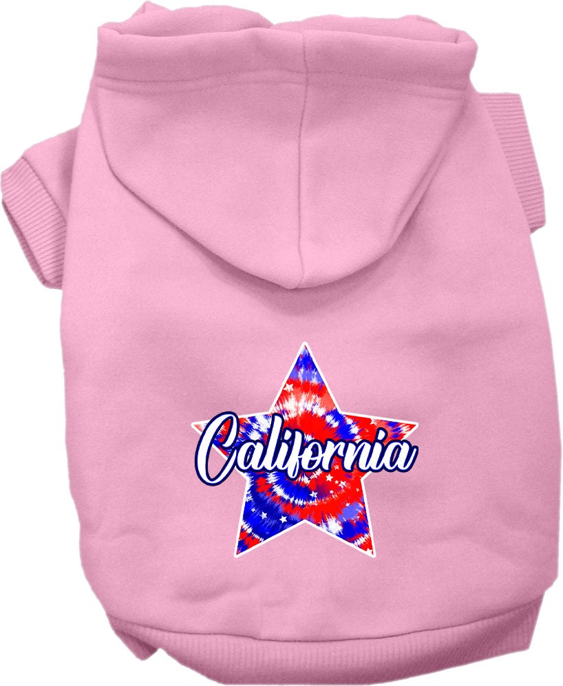 A medium to large pet wearing a California Patriotic Tie Dye hoodie, showcasing vibrant colors and a comfortable fit.