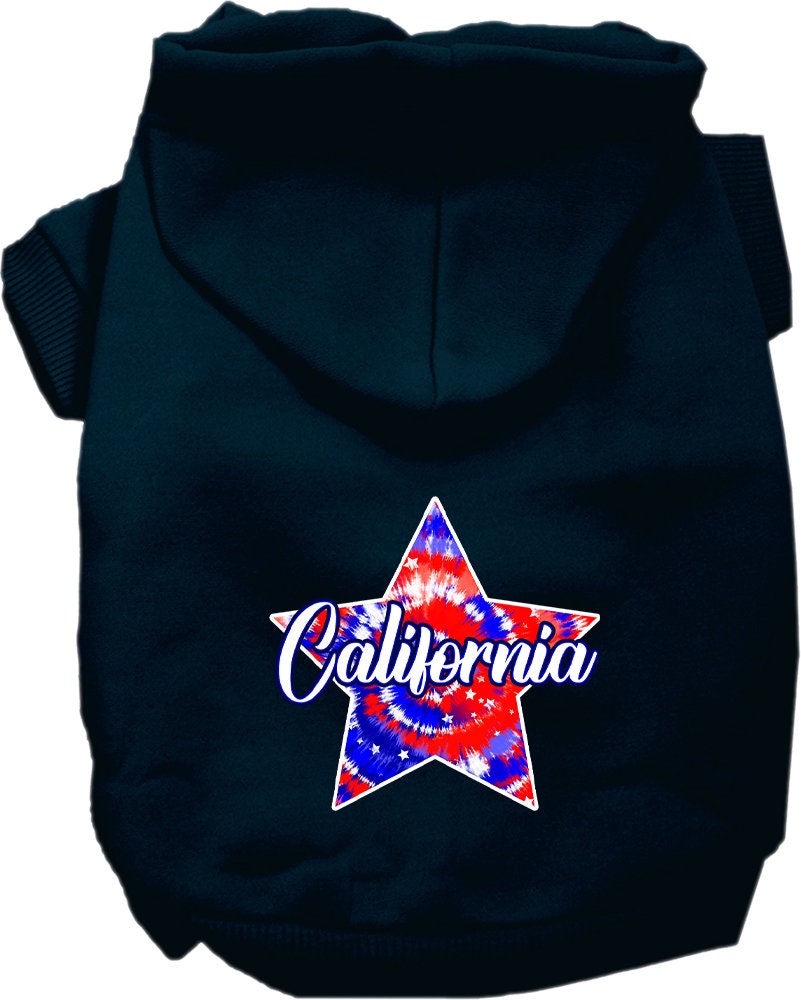 A medium to large pet wearing a California Patriotic Tie Dye hoodie, showcasing vibrant colors and a comfortable fit.