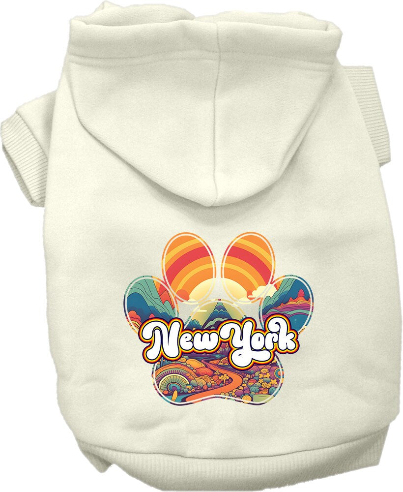 A small to medium pet wearing a stylish screen printed hoodie with 'New York Groovy Summit' design, showcasing comfort and durability.