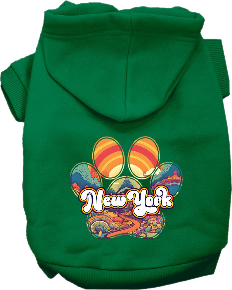 A small to medium pet wearing a stylish screen printed hoodie with 'New York Groovy Summit' design, showcasing comfort and durability.