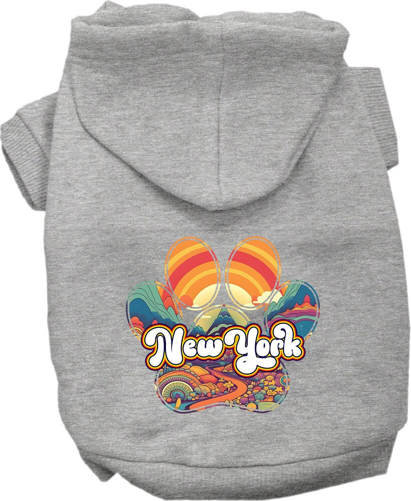 A small to medium pet wearing a stylish screen printed hoodie with 'New York Groovy Summit' design, showcasing comfort and durability.