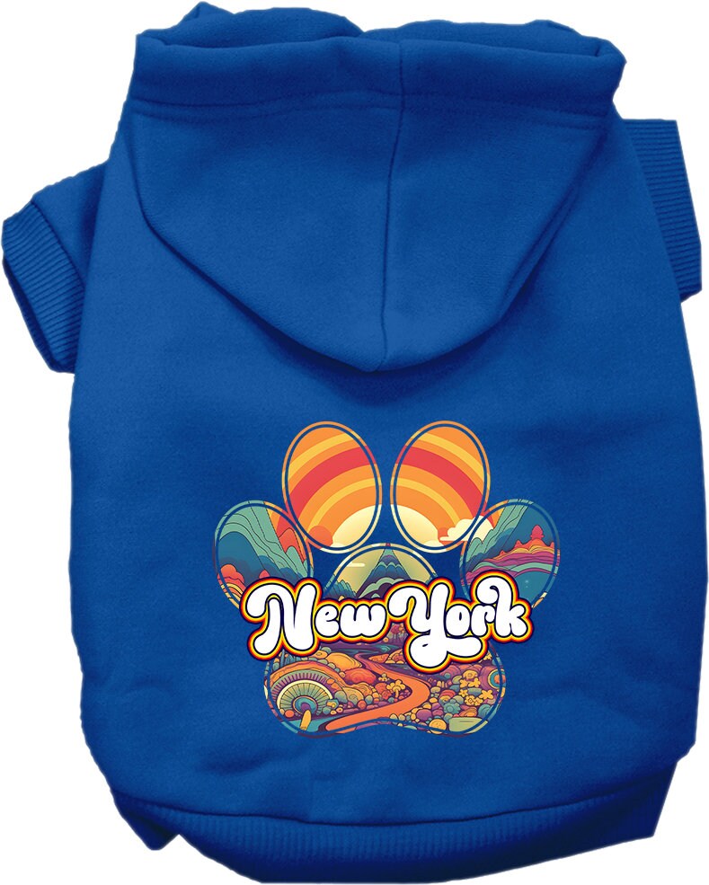 A small to medium pet wearing a stylish screen printed hoodie with 'New York Groovy Summit' design, showcasing comfort and durability.