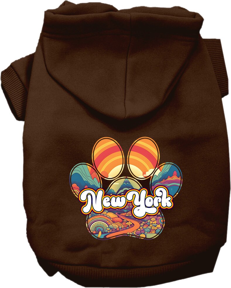 A small to medium pet wearing a stylish screen printed hoodie with 'New York Groovy Summit' design, showcasing comfort and durability.