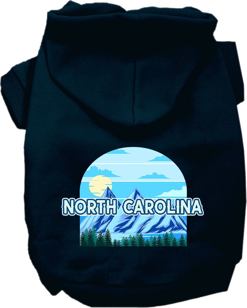 A cozy screen printed hoodie for small to medium pets, featuring the 'North Carolina Trailblazer' design, showcasing its soft fabric and leash access hole.