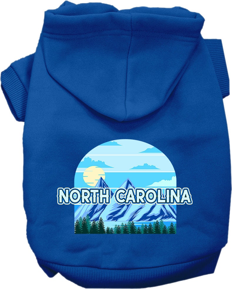 A cozy screen printed hoodie for small to medium pets, featuring the 'North Carolina Trailblazer' design, showcasing its soft fabric and leash access hole.