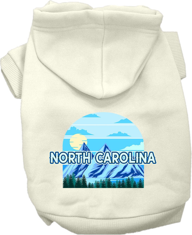 A cozy screen printed hoodie for small to medium pets, featuring the 'North Carolina Trailblazer' design, showcasing its soft fabric and leash access hole.