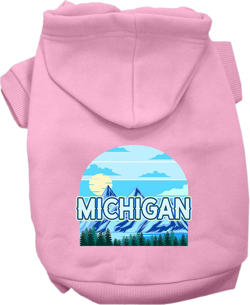 A cozy screen printed hoodie for small to medium pets, featuring the Michigan Trailblazer design, showcasing its soft fabric and durable stitching.