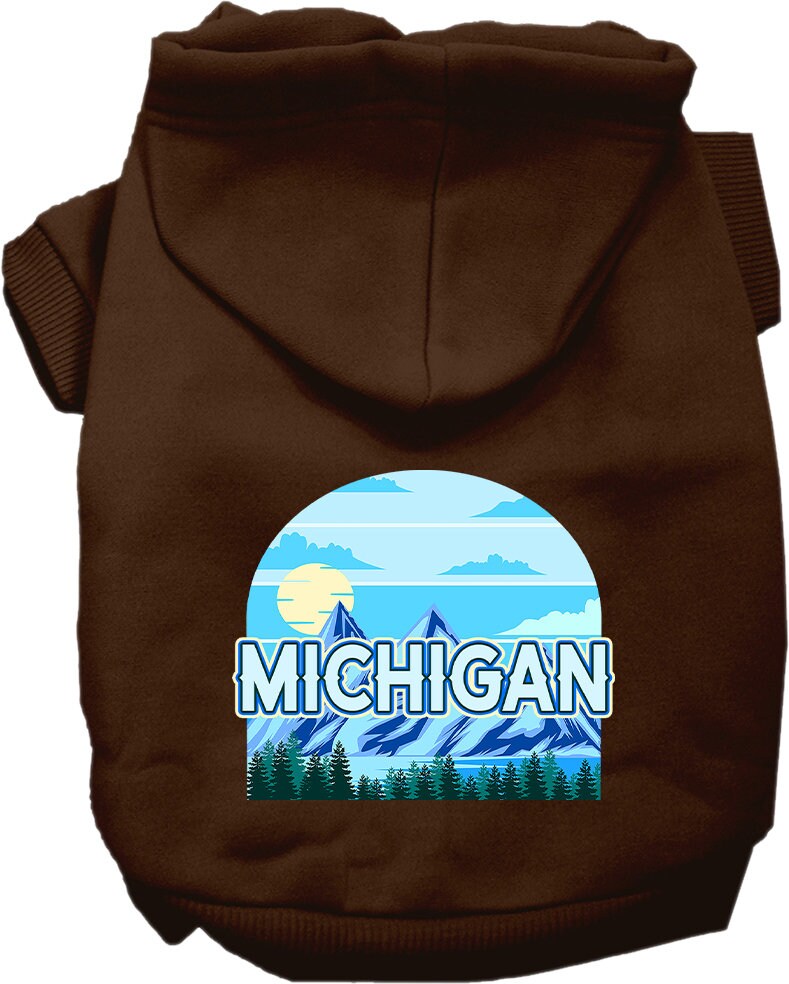 A cozy screen printed hoodie for small to medium pets, featuring the Michigan Trailblazer design, showcasing its soft fabric and durable stitching.