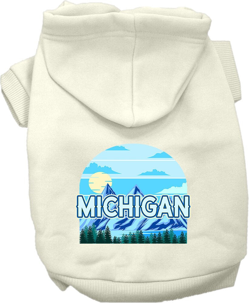 A cozy screen printed hoodie for small to medium pets, featuring the Michigan Trailblazer design, showcasing its soft fabric and durable stitching.