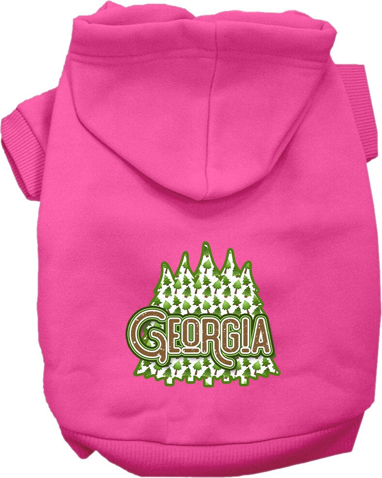 A cozy screen printed hoodie for small to medium pets featuring a Georgia Woodland Trees design, perfect for chilly days.