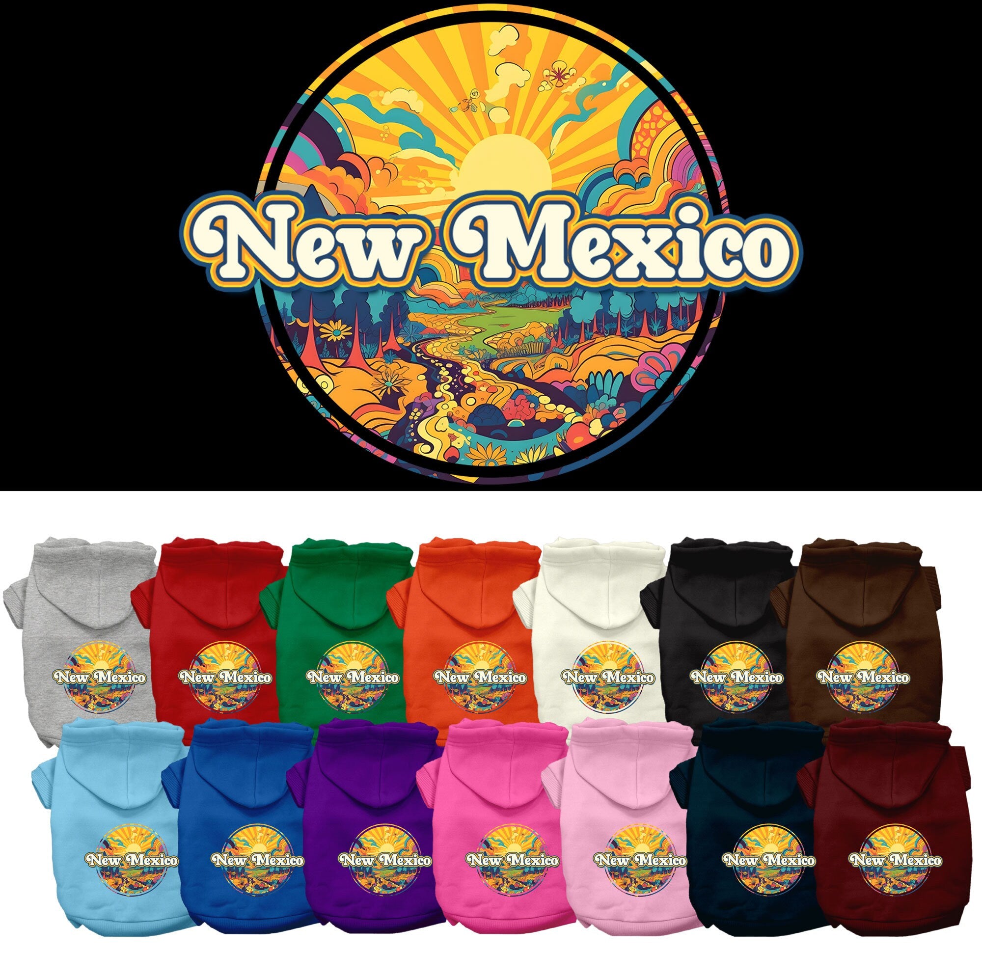 A cozy screen printed hoodie for small to medium pets featuring a colorful 'New Mexico Trippy Peaks' design, perfect for dogs and cats.