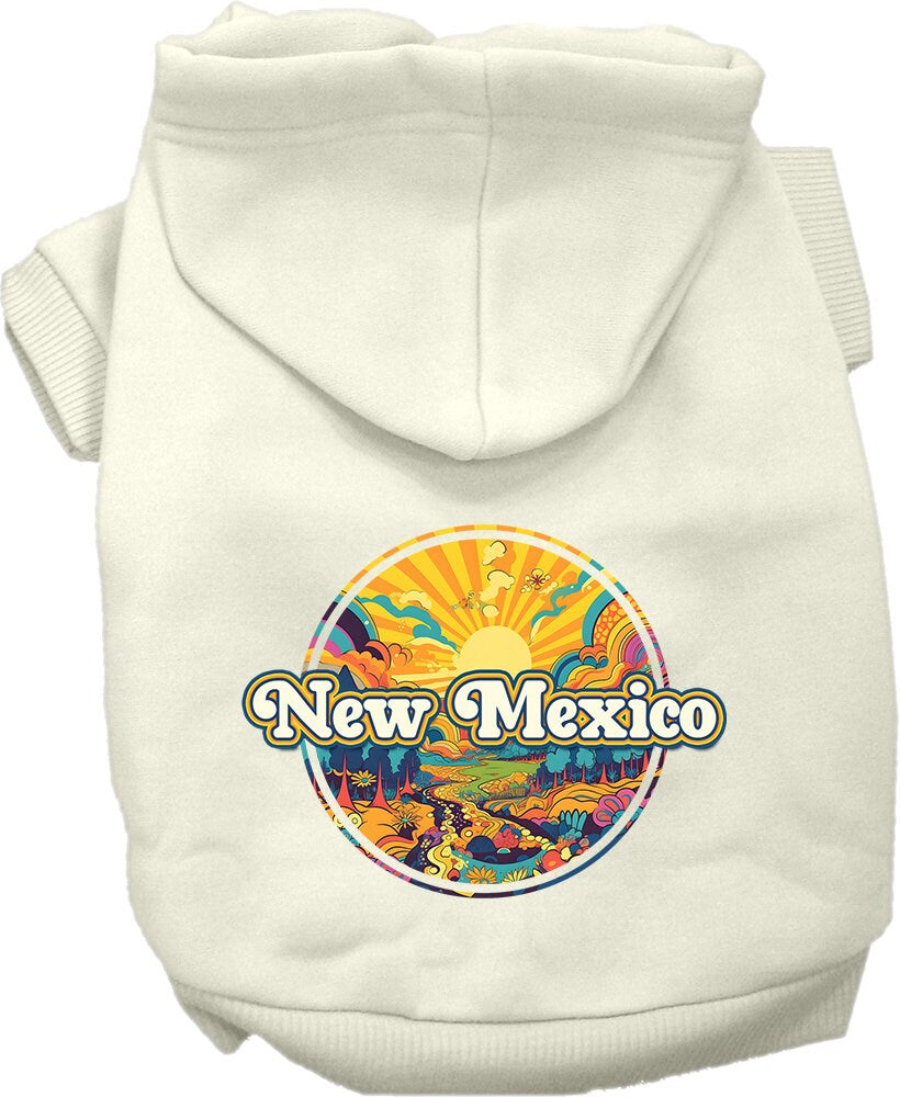 A cozy screen printed hoodie for small to medium pets featuring a colorful 'New Mexico Trippy Peaks' design, perfect for dogs and cats.