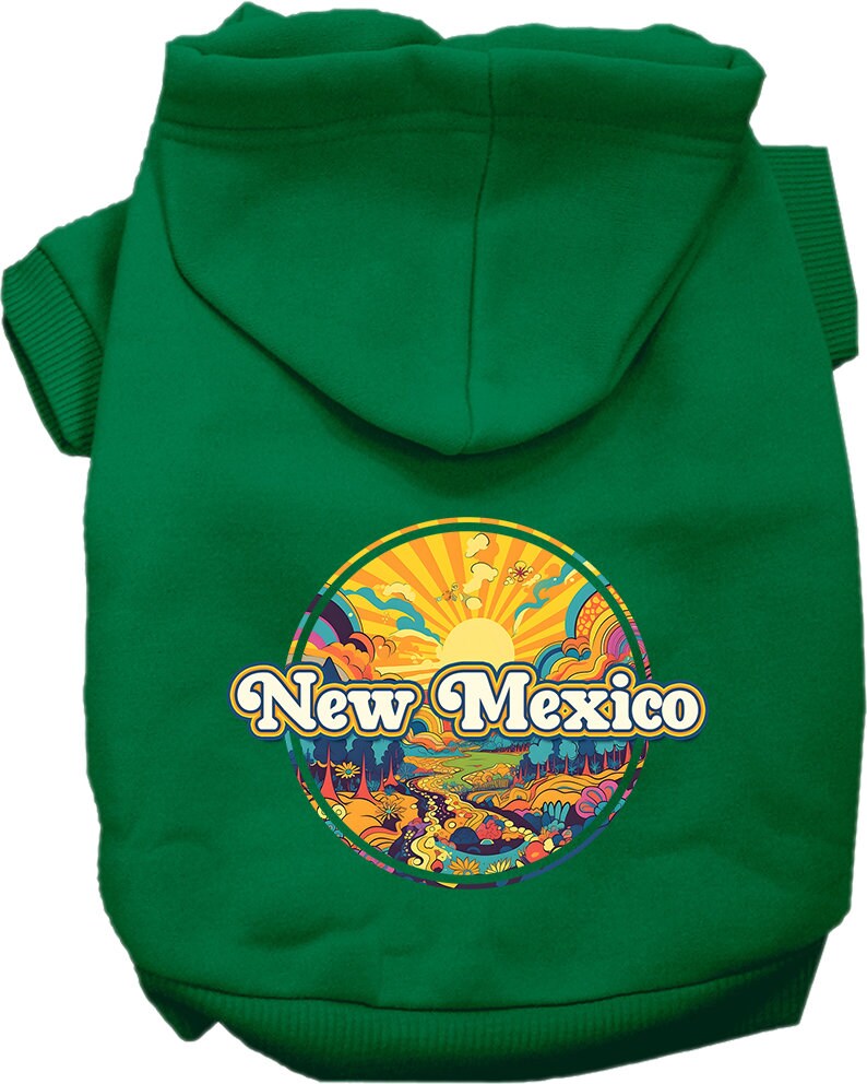 A cozy screen printed hoodie for small to medium pets featuring a colorful 'New Mexico Trippy Peaks' design, perfect for dogs and cats.