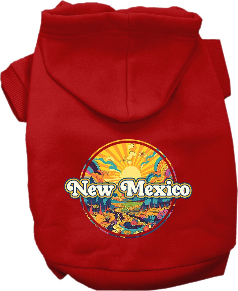 A cozy screen printed hoodie for small to medium pets featuring a colorful 'New Mexico Trippy Peaks' design, perfect for dogs and cats.