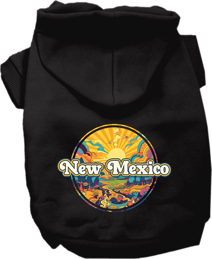 A cozy screen printed hoodie for small to medium pets featuring a colorful 'New Mexico Trippy Peaks' design, perfect for dogs and cats.