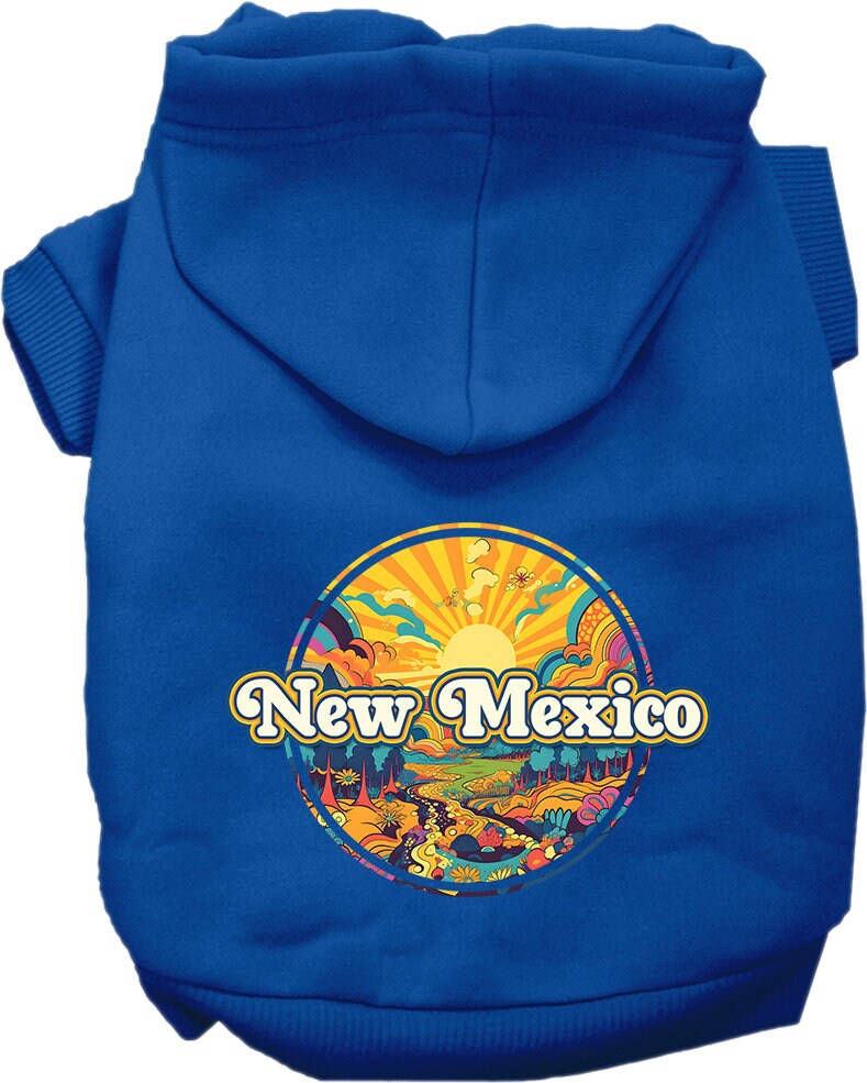 A cozy screen printed hoodie for small to medium pets featuring a colorful 'New Mexico Trippy Peaks' design, perfect for dogs and cats.