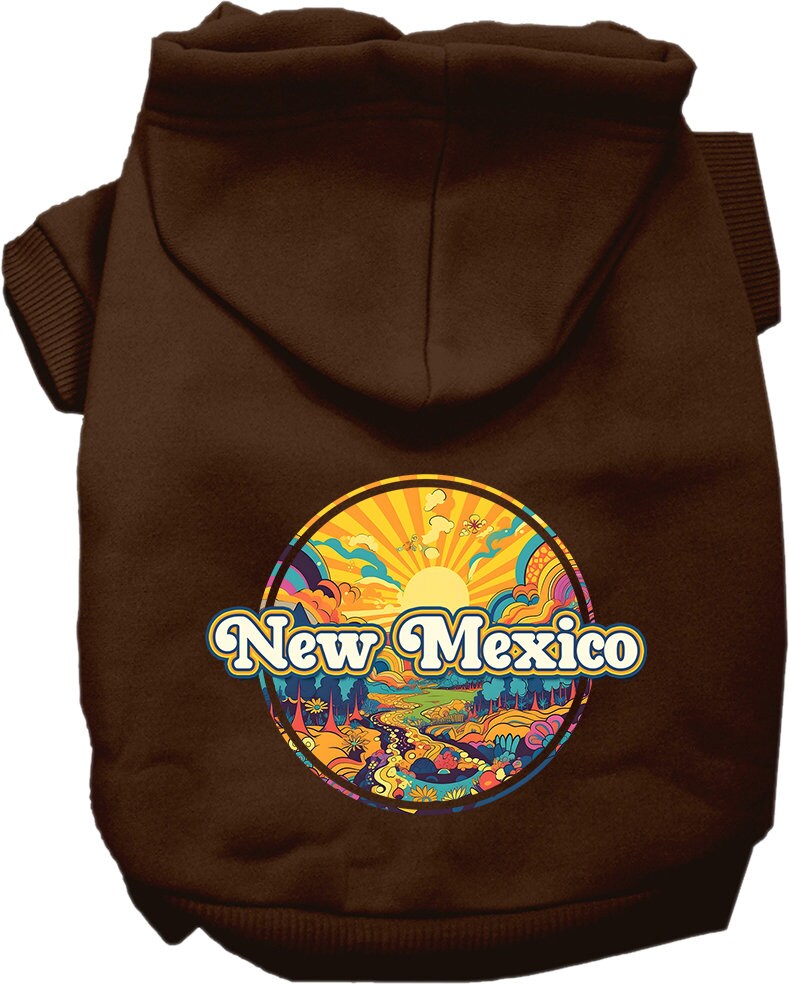 A cozy screen printed hoodie for small to medium pets featuring a colorful 'New Mexico Trippy Peaks' design, perfect for dogs and cats.