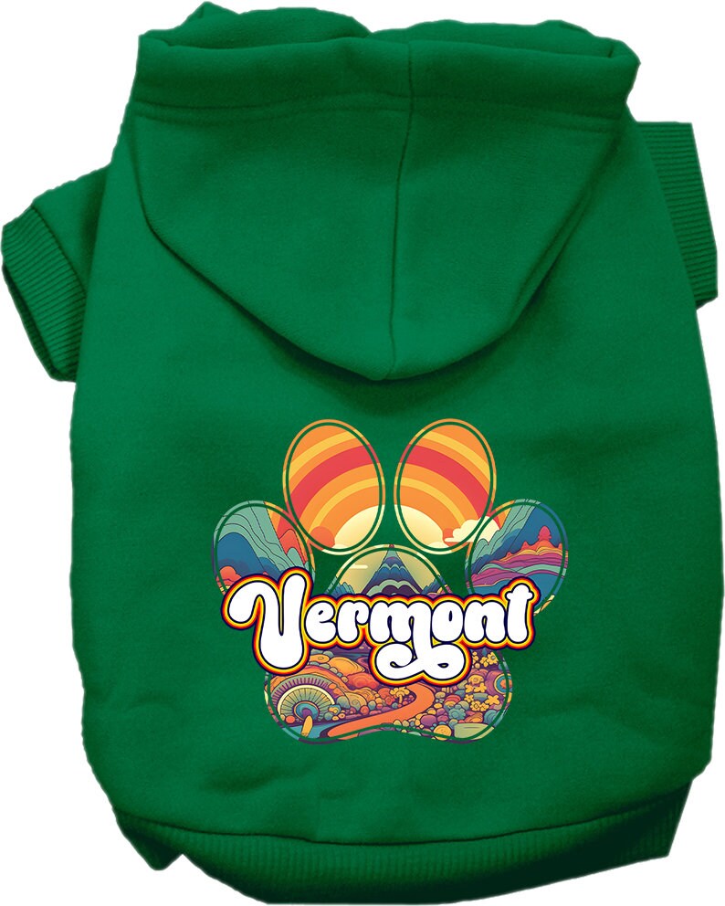 A cozy screen printed hoodie for small to medium pets, featuring the Vermont Groovy Summit design, showcasing its soft fabric and durable stitching.