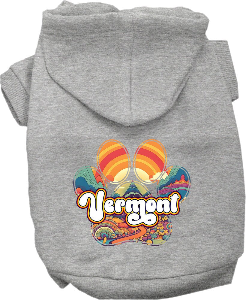 A cozy screen printed hoodie for small to medium pets, featuring the Vermont Groovy Summit design, showcasing its soft fabric and durable stitching.