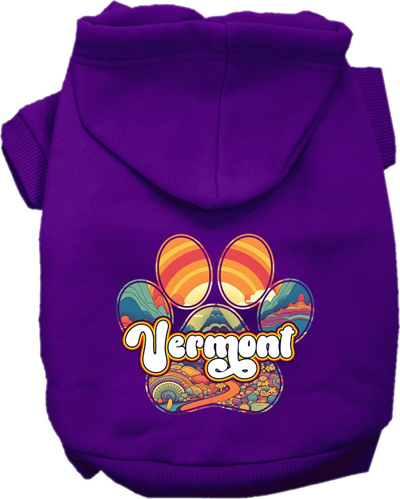 A cozy screen printed hoodie for small to medium pets, featuring the Vermont Groovy Summit design, showcasing its soft fabric and durable stitching.