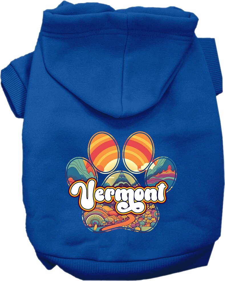 A cozy screen printed hoodie for small to medium pets, featuring the Vermont Groovy Summit design, showcasing its soft fabric and durable stitching.