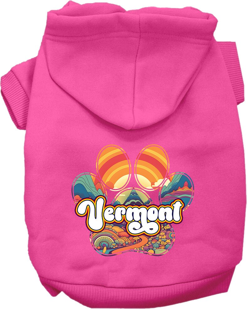 A cozy screen printed hoodie for small to medium pets, featuring the Vermont Groovy Summit design, showcasing its soft fabric and durable stitching.