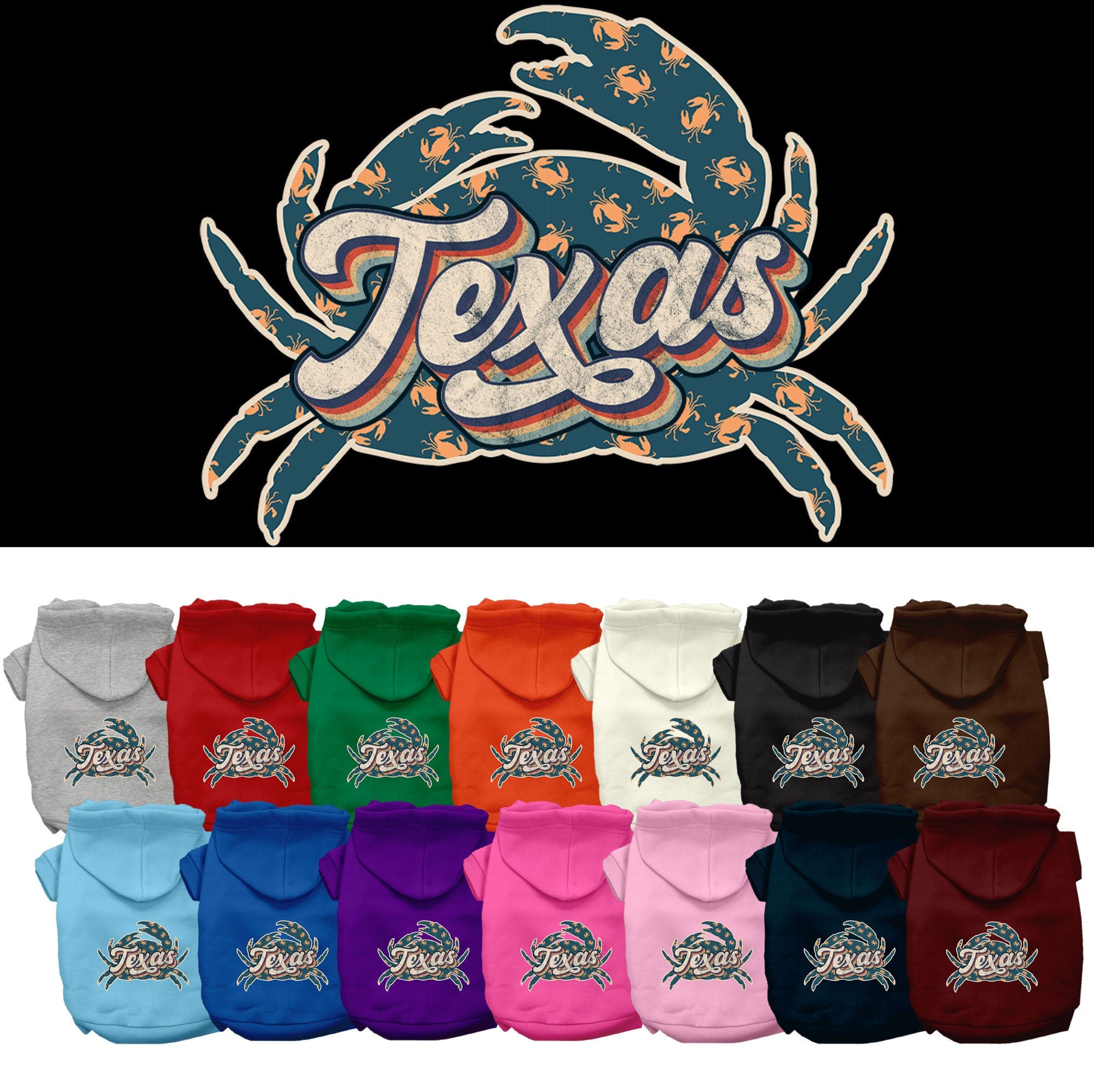 A cozy screen printed hoodie for small to medium pets featuring a Texas Retro Crabs design, perfect for dogs and cats.