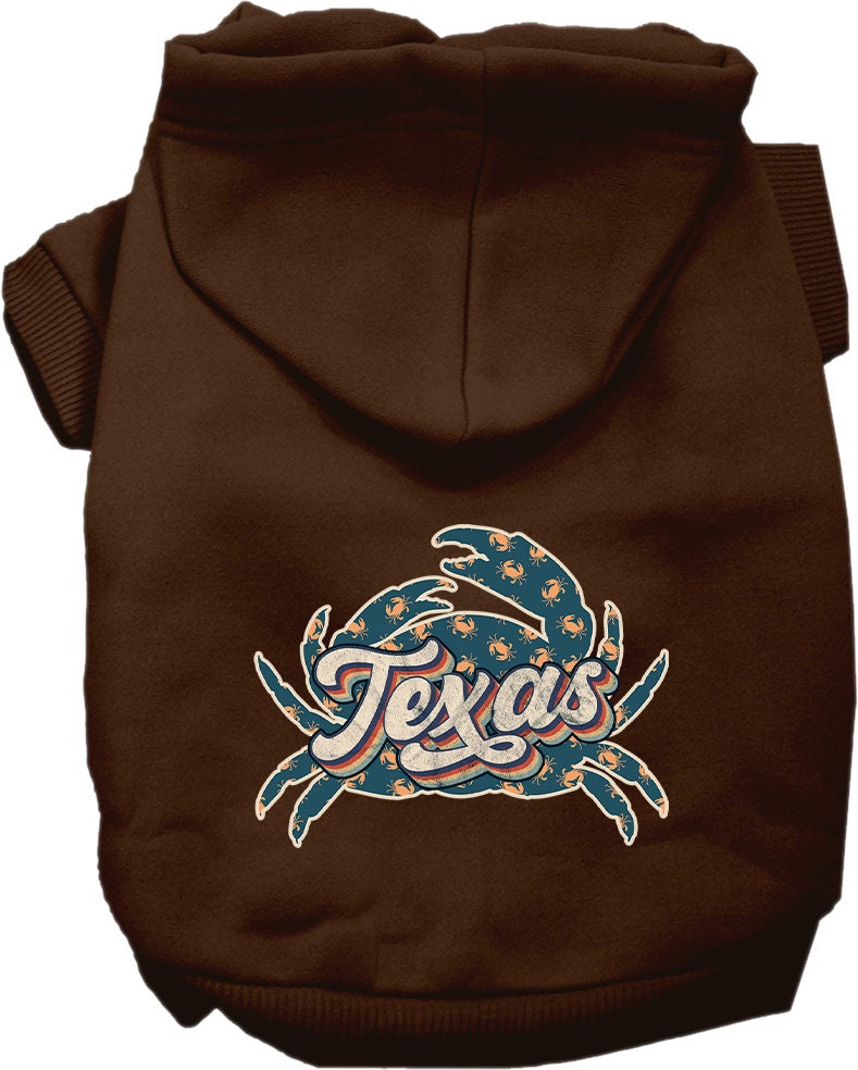 A cozy screen printed hoodie for small to medium pets featuring a Texas Retro Crabs design, perfect for dogs and cats.