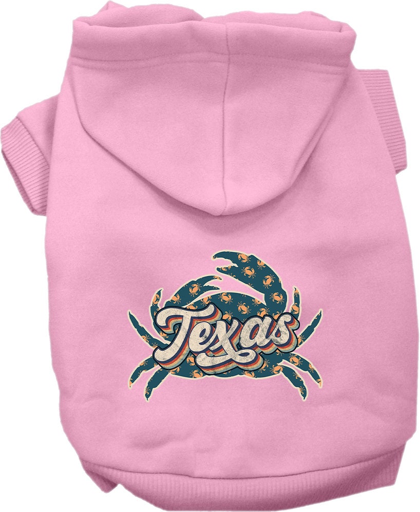 A cozy screen printed hoodie for small to medium pets featuring a Texas Retro Crabs design, perfect for dogs and cats.
