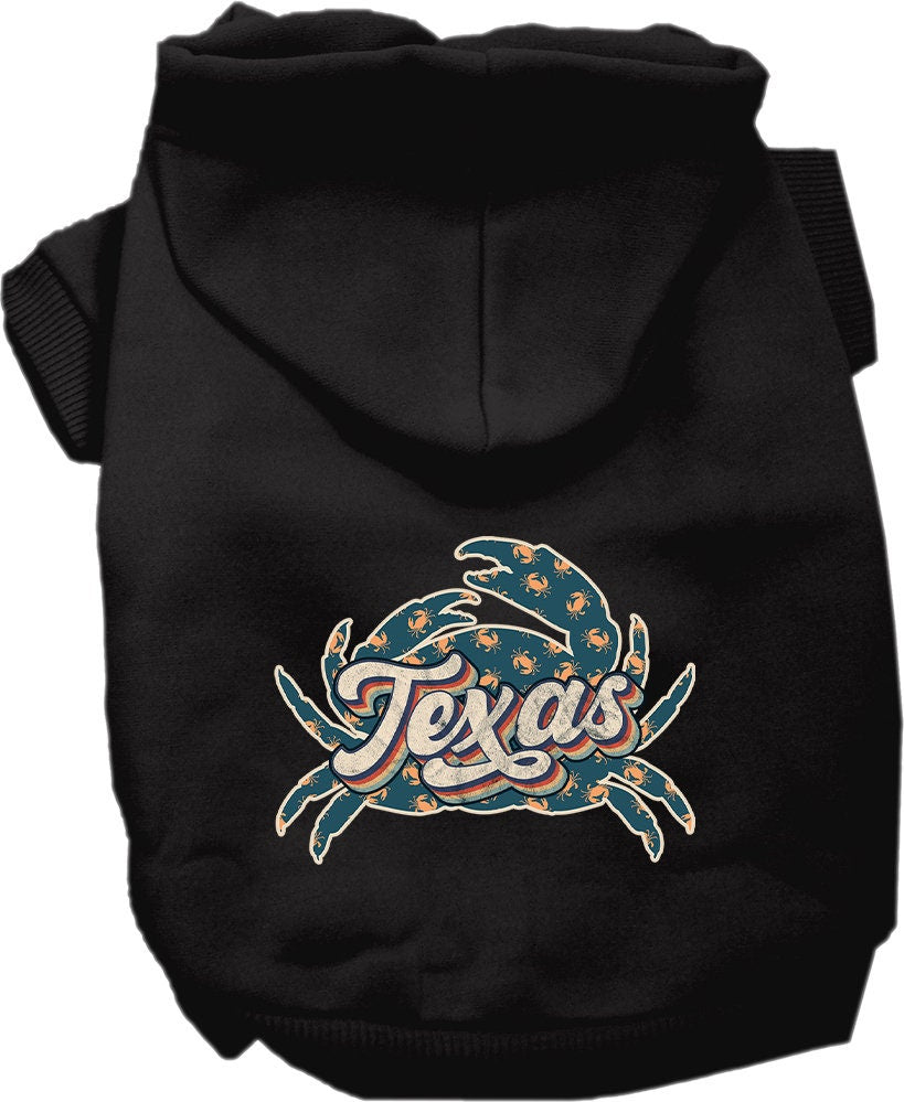 A cozy screen printed hoodie for small to medium pets featuring a Texas Retro Crabs design, perfect for dogs and cats.