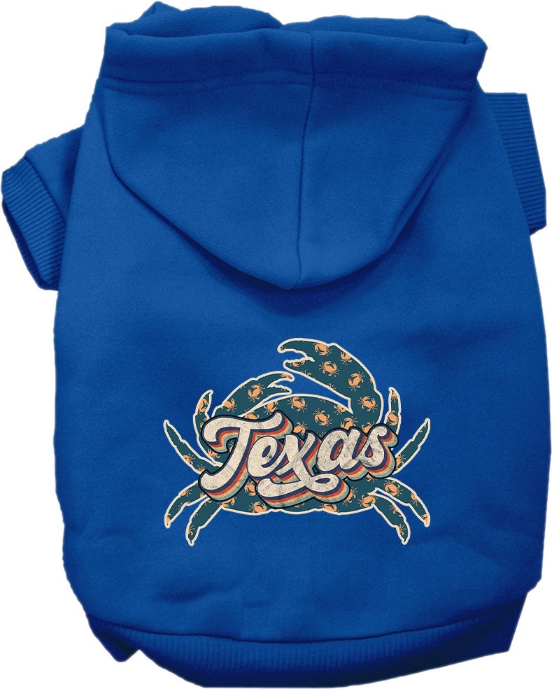 A cozy screen printed hoodie for small to medium pets featuring a Texas Retro Crabs design, perfect for dogs and cats.