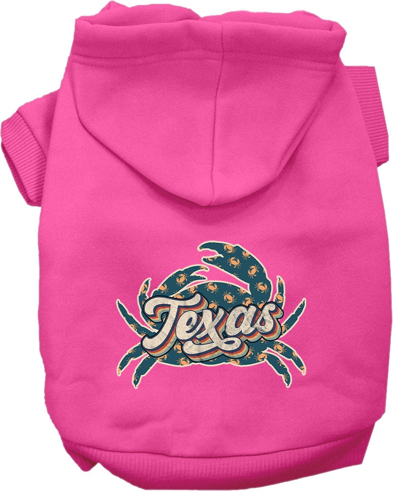 A cozy screen printed hoodie for small to medium pets featuring a Texas Retro Crabs design, perfect for dogs and cats.