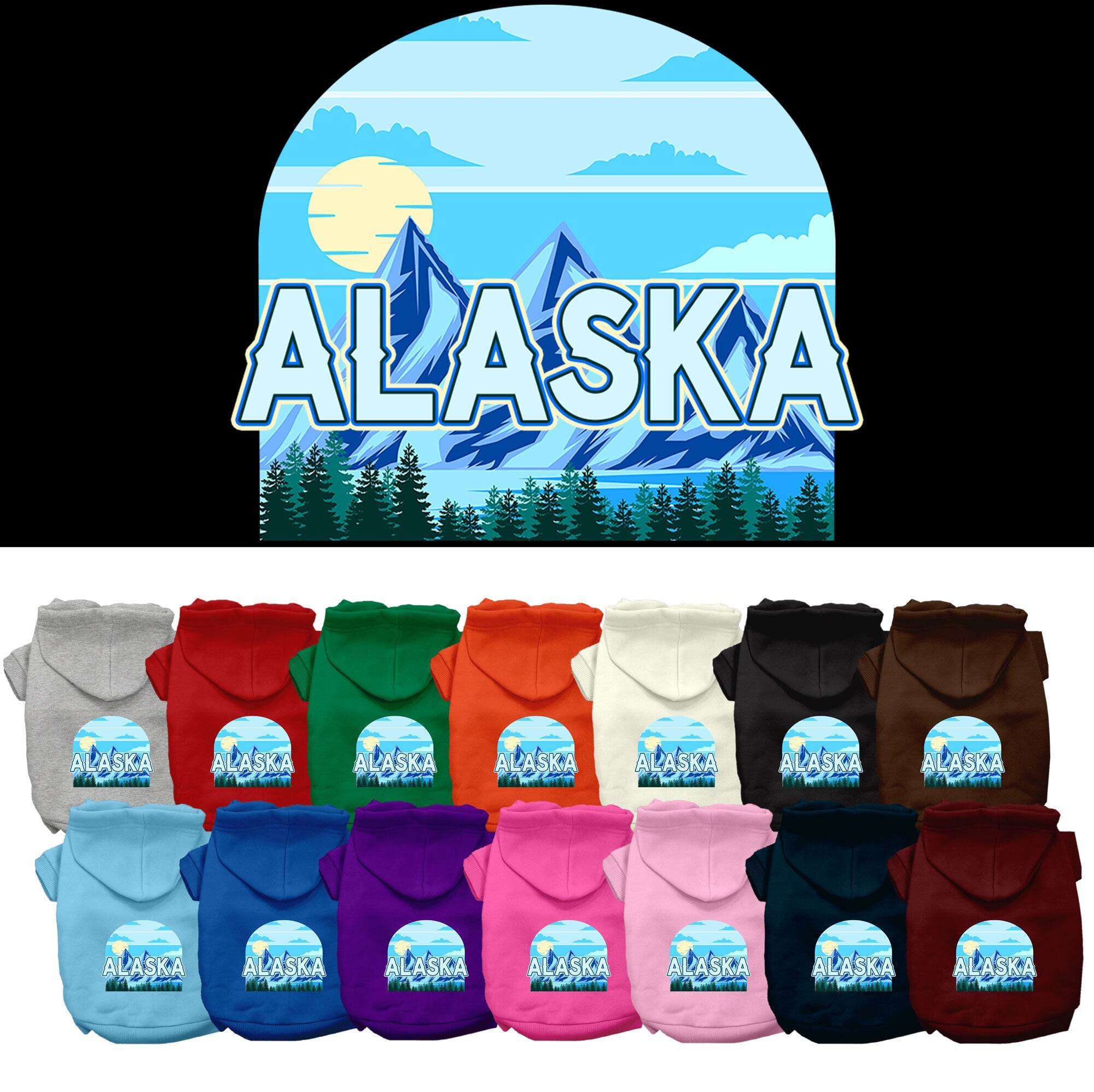 A small to medium pet wearing a cozy Alaska Trailblazer hoodie, showcasing its stylish design and convenient leash access hole.