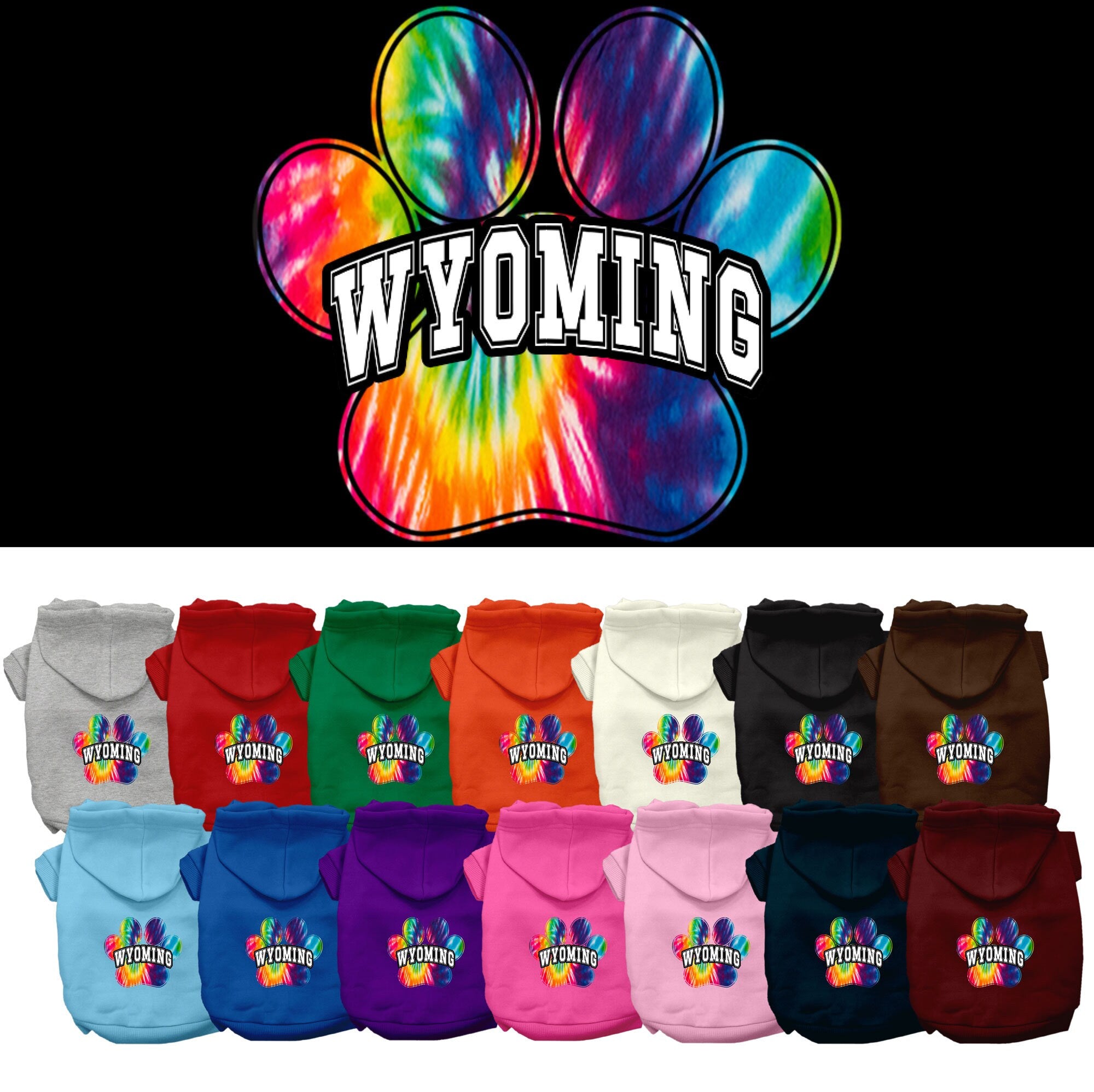 A small to medium pet wearing a Wyoming Bright Tie Dye hoodie, showcasing its vibrant colors and comfortable fit.