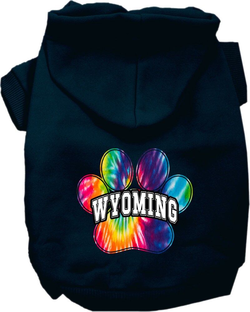 A small to medium pet wearing a Wyoming Bright Tie Dye hoodie, showcasing its vibrant colors and comfortable fit.