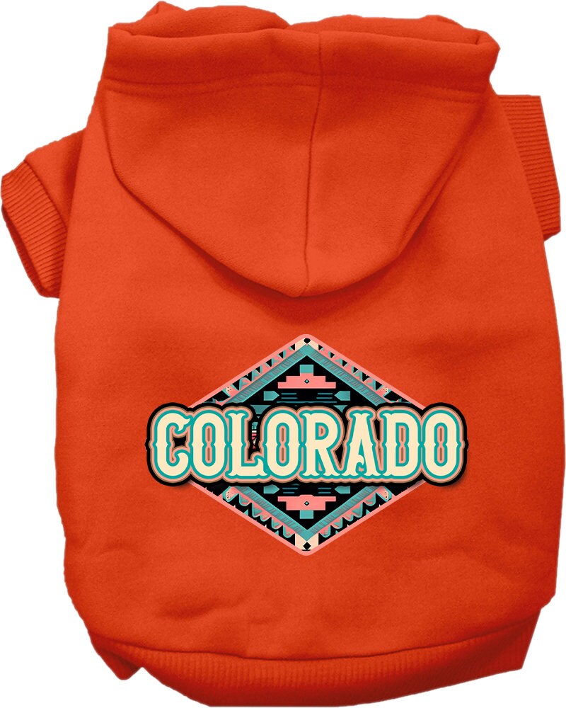 A cozy screen printed hoodie for small to medium pets, featuring a Colorado Peach Aztec design, perfect for dogs and cats.
