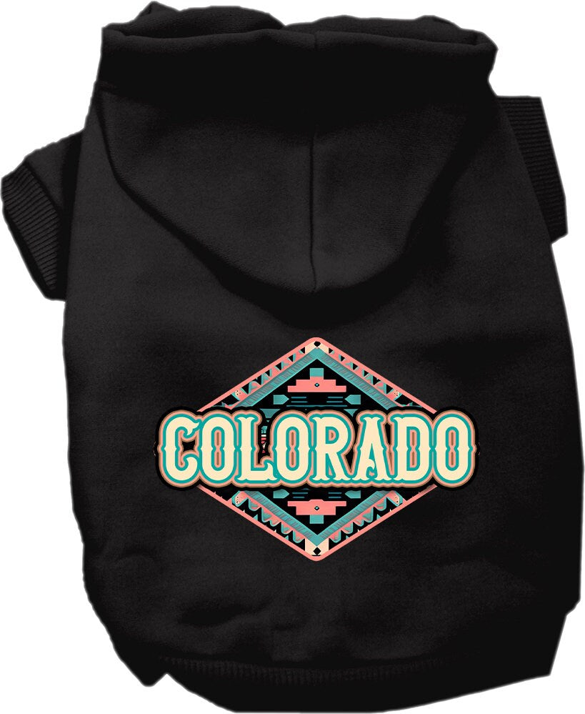 A cozy screen printed hoodie for small to medium pets, featuring a Colorado Peach Aztec design, perfect for dogs and cats.