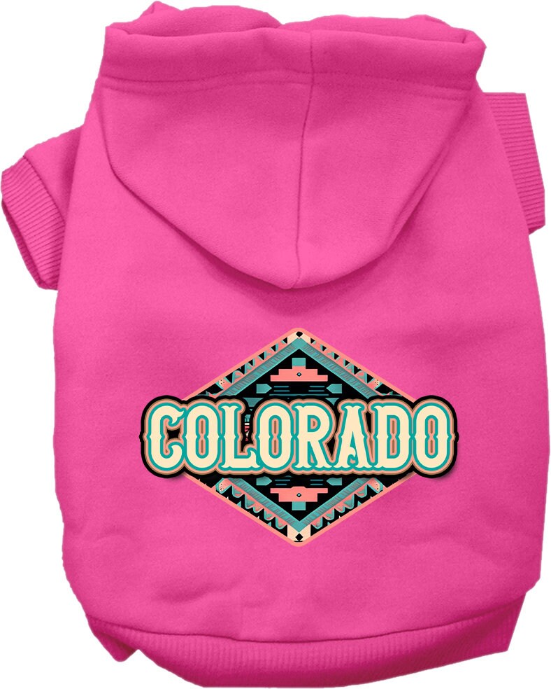 A cozy screen printed hoodie for small to medium pets, featuring a Colorado Peach Aztec design, perfect for dogs and cats.