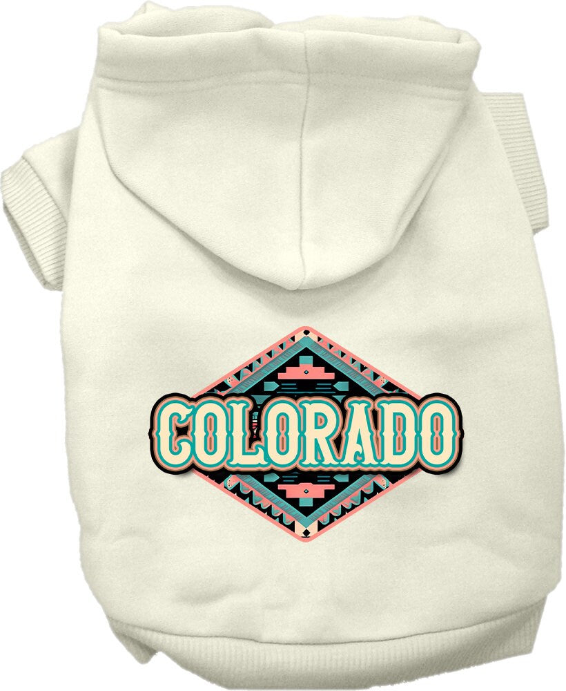 A cozy screen printed hoodie for small to medium pets, featuring a Colorado Peach Aztec design, perfect for dogs and cats.