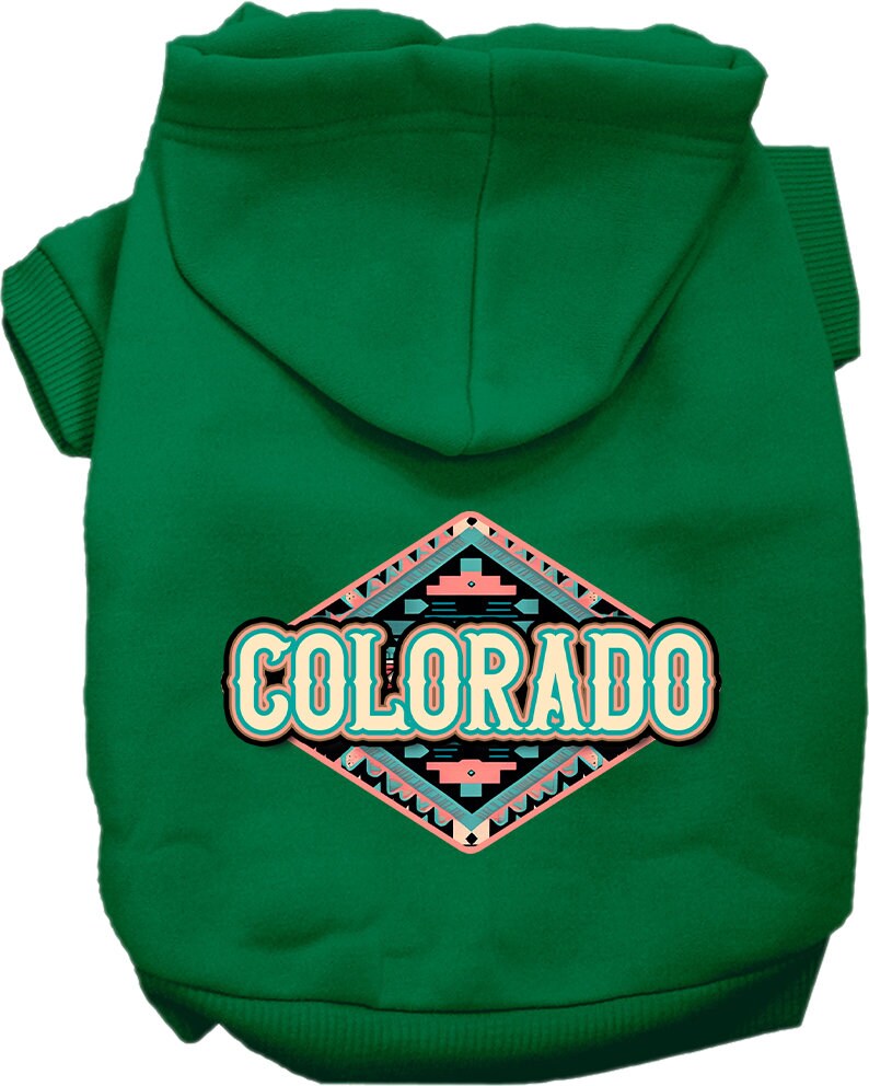 A cozy screen printed hoodie for small to medium pets, featuring a Colorado Peach Aztec design, perfect for dogs and cats.